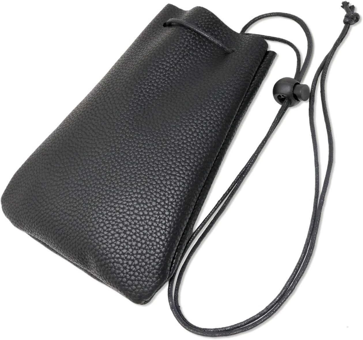 Litchi Stria Drawstring Soft PU Leather Fashion Shoulder Bag Neck Bag Cellphone Case Cover Pouch Coin Wallet Hand Purse Carry Gadget Bag Black Z250910