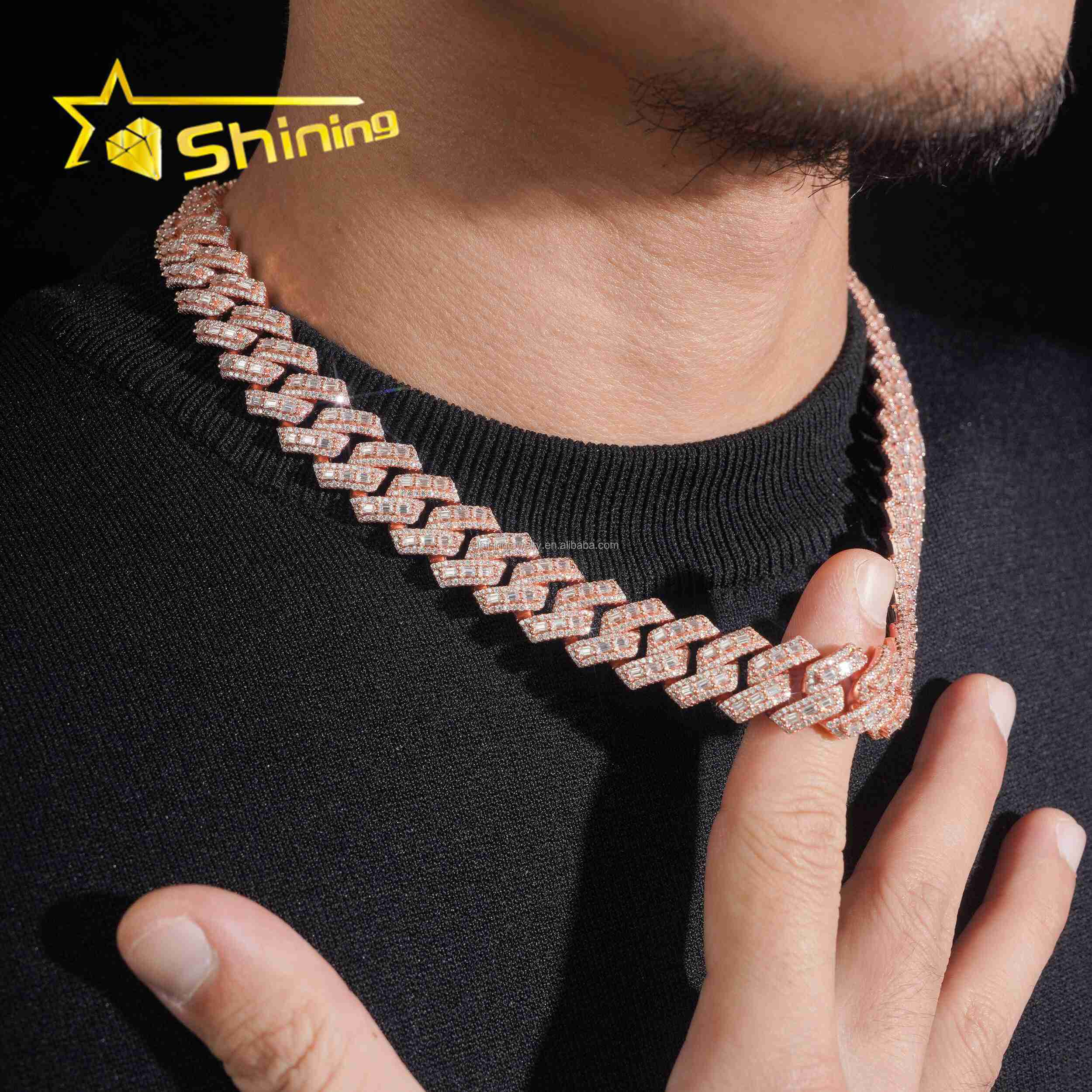 Customized 16mm Width 3Rows Prong Setting Luxury GRA Certificate S925 Iced Out VVS Baguette Moissanite Miami Cuban Link Chain