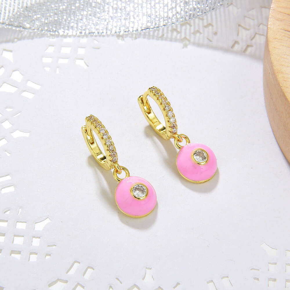 Ethnic Style Geometric Round Copper Micro Inlaid Zircon Gold for Women Fashion OL Oil Drop Earrings Single Sale