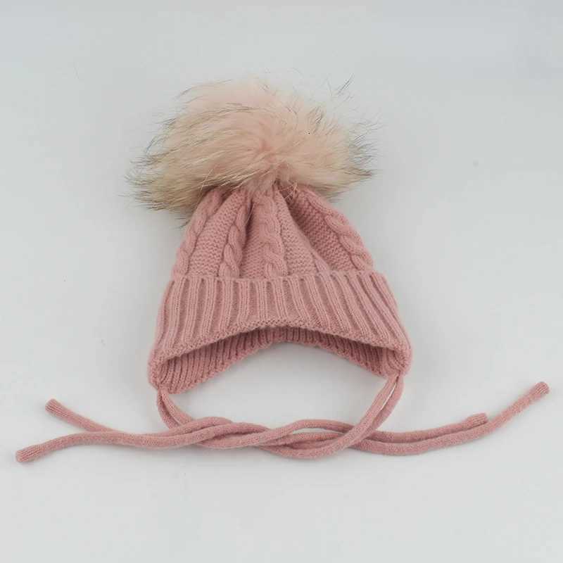Real Fur Pompom Baby Hat Kids Winter Earfl C Fleece Inside Warm Knitted Skullies Beanies For Girls BoysXJ250910