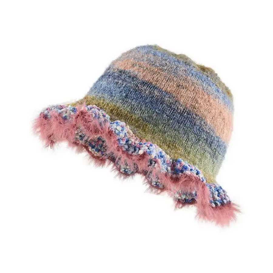 Ins Color Gradual Change Striped Wool Hat Autumn Winter Cute Handmade Plush Hat Big Head Circumference Knitted Bucket HatXJ250910