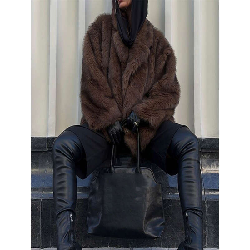 Real Shot - Turn-Down Collar Plush Faux Fur European and American Cross-Border Autumn Winter Fashion Comfortable Casual Warm Coat Top