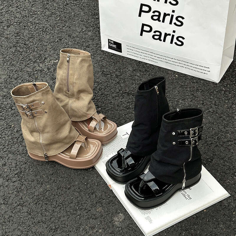 Trendy Designer Niche Pants Boot Toe Clip Sandals for Women Summer Denim Short Thick Sole Low Tube Single Boots