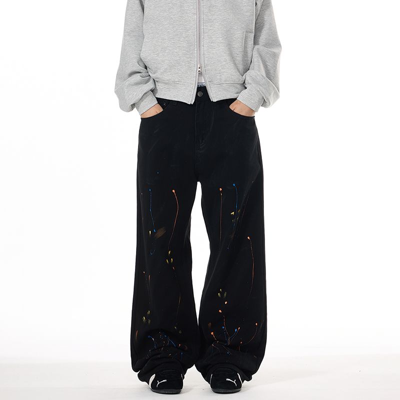 Men's Jeans Unisex Autumn American High-Street Trendy Brand Splatter-Print Wide-Leg Straight-Leg Floor-Grazing Jeans - Edgy Cool Loose Fit
