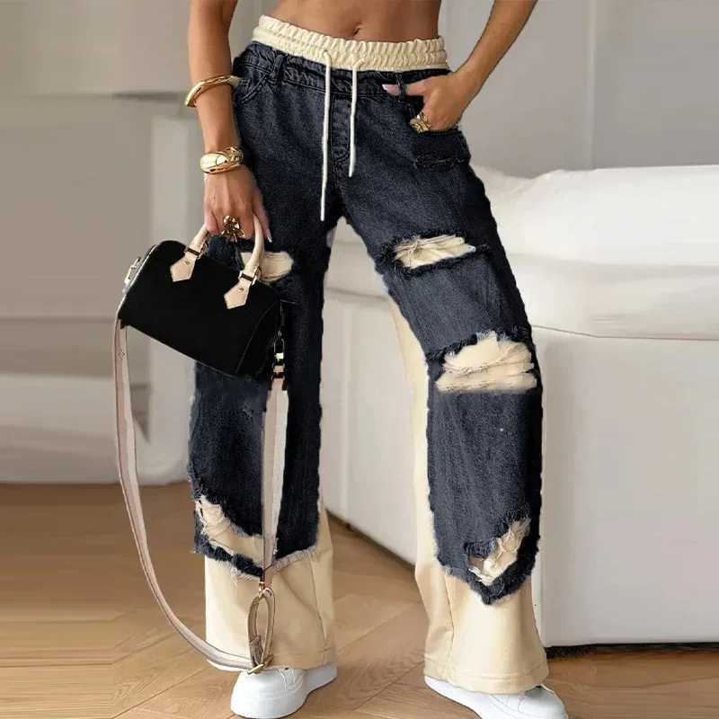 Casual Patchwork Jeans Women Loose Drawstring Low Waist Pockets Zipper Straight Leg Pants 2025 Spring Summer Street Lady Trouser Z250910