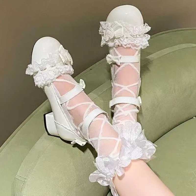 Bowknot lowtop fashion pure Mary Jane shoes single shoes 2025 lace design new style sweet round toe high heels plus size W250910