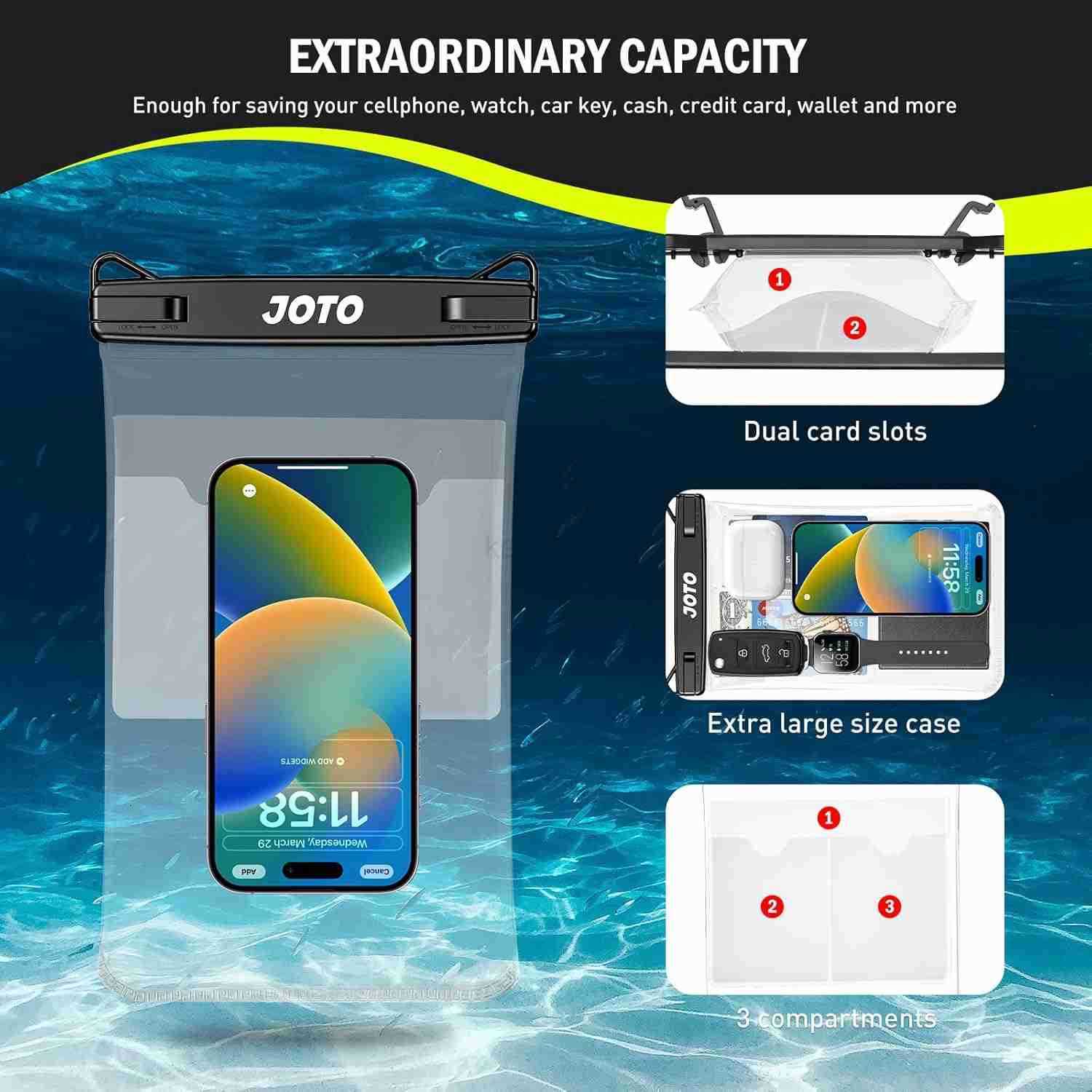 2 Pack Large Waterproof Phone Pouch Bag IPX8 Big Underwater Dry Bag with Lanyard for iPhone 16 15 14 Plus Pro Max S24 S23 Ultra Airpods Cash CARD Esse