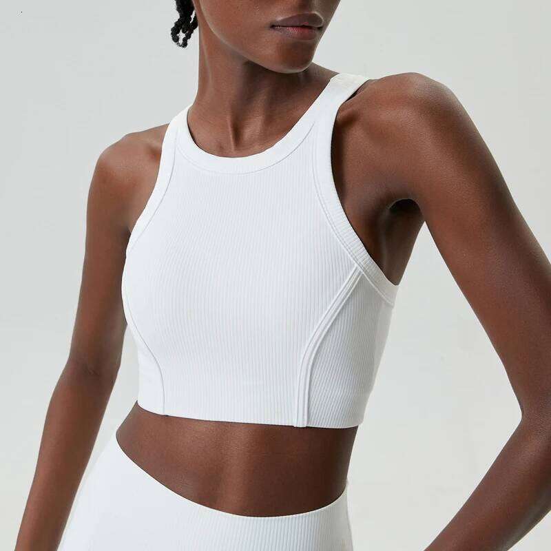 High Impact Fiess Yoga Bra Super Stretch Round Neck Gym Crop Top Ribbed Fabric Sleeveless Running Vest Female Sportswear