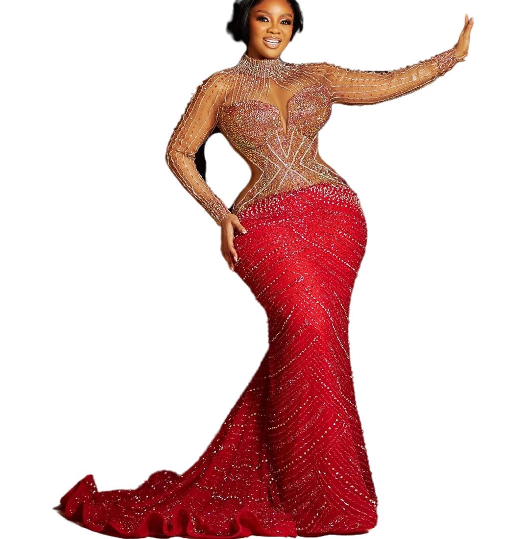 Elegant Red Mermaid Prom Dress with Beaded Crystal Details, Formal Evening Gown for Special Occasions