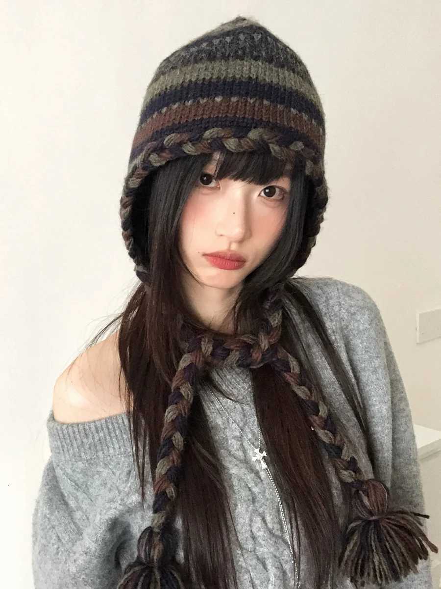 Retro Striped ColorBlocked Knitted Braided Woolen Hat For Women With Wool Earmuffs For Warmth In Autumn AndXJ250910
