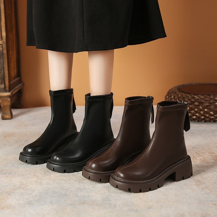 Women's thick soled Martin boots autumn and winter designer's new elastic thin boots single-layer double-layer cotton style Martin boots