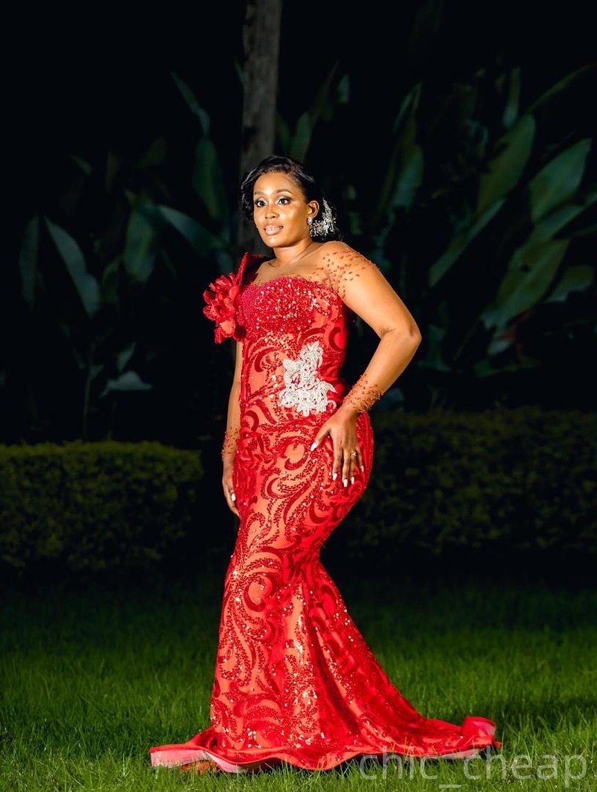 Mermaid Red Prom Dresses 2025 Full Sleeves Beaded Flowers Sequined Lace Evening Formal Party Second Birthday Engagement Gowns Plus Size Dress For Spec