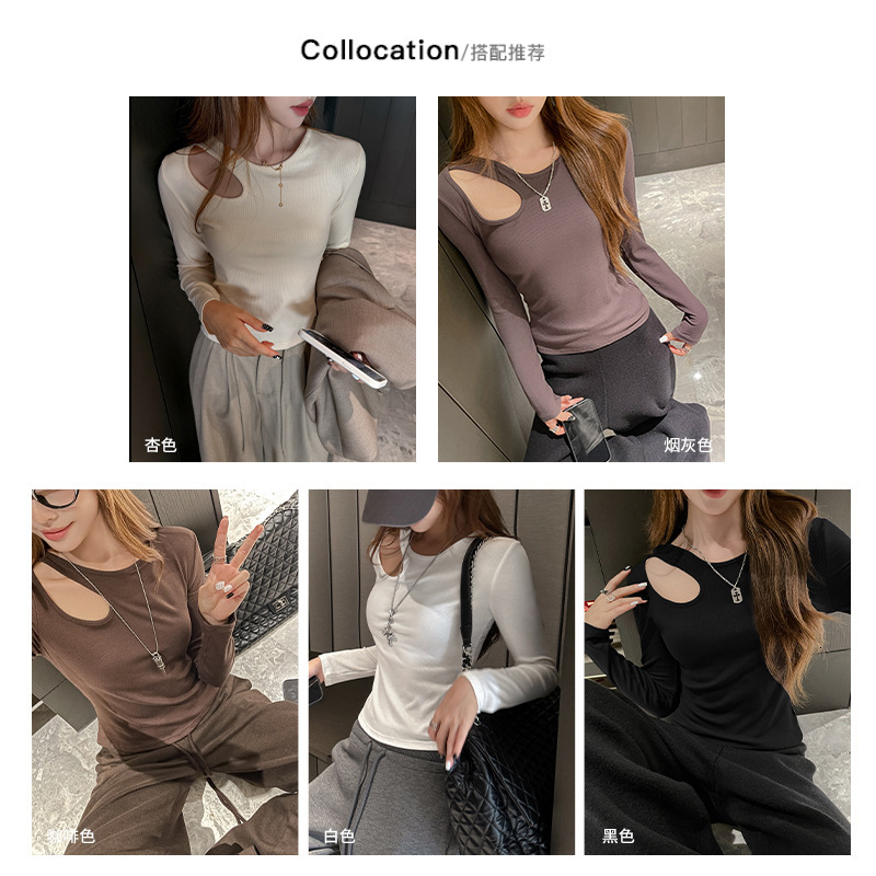 2025 early autumn new regular shoulder long sleeved women's basic design shirt for wearing inside and outside, sexy hollow out high-end slim fit 
