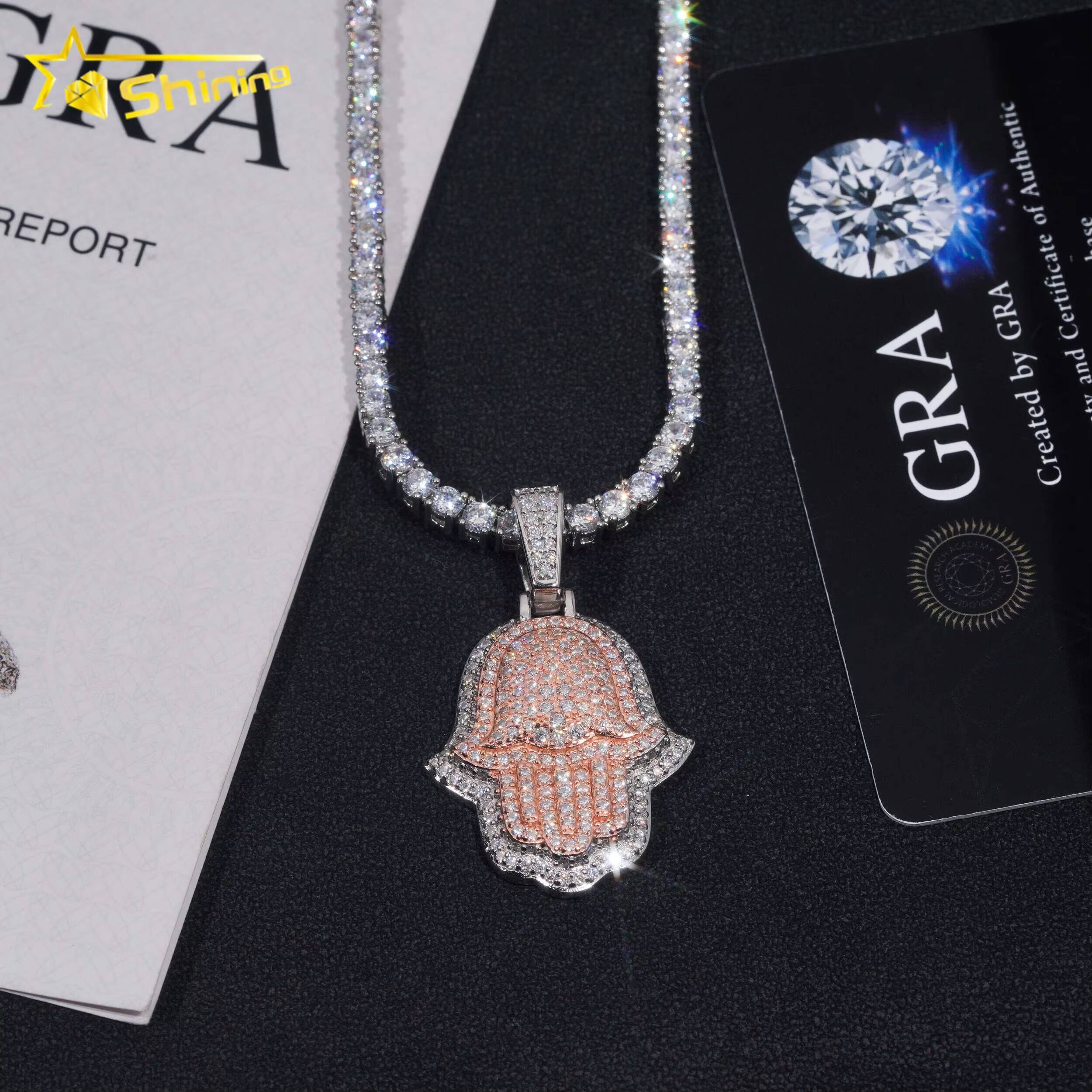 Pass Diamond Tester Hip Hop Jewelry 925 Silver Gold Plated Iced Out 2 Tones Custom Moissanite Pendant Hamsa Pendant