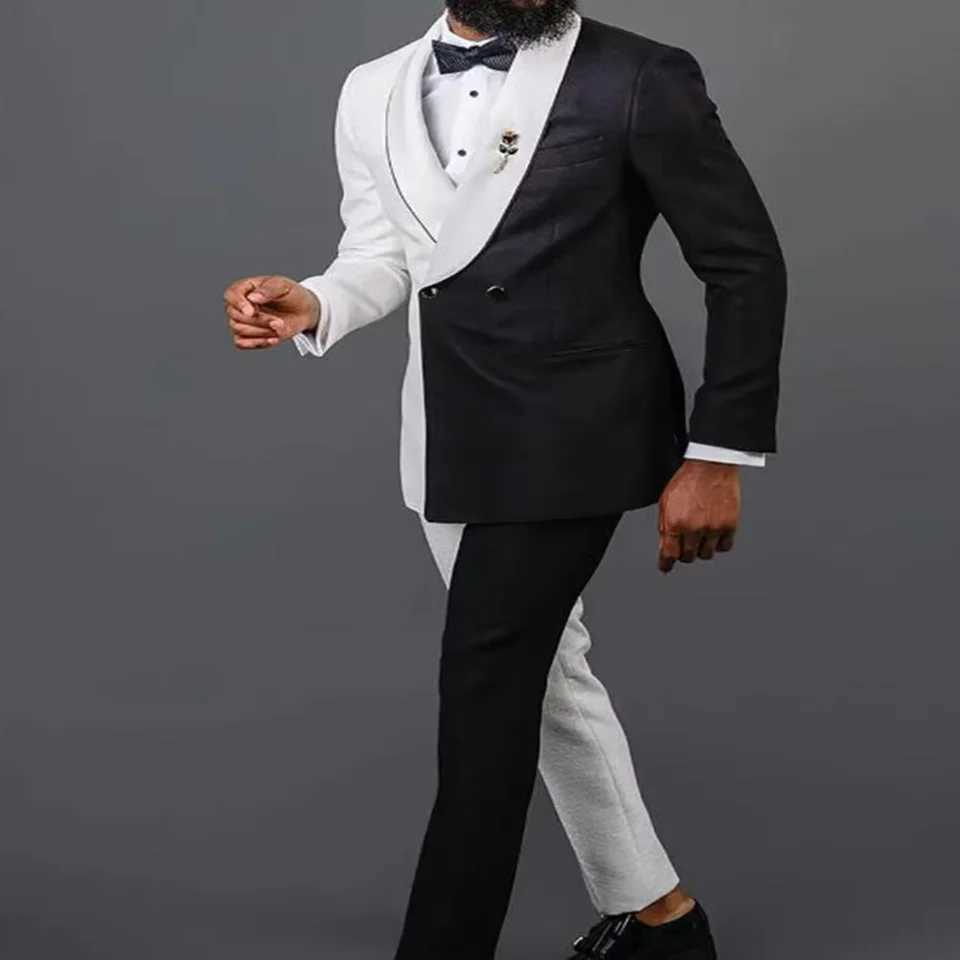 White Black Men Wedding Suit Casual Groom Tuxedos Shawl Lapel Prom Blazer Business Suits Slim Fit 2 Piece SetJacketPants W250910