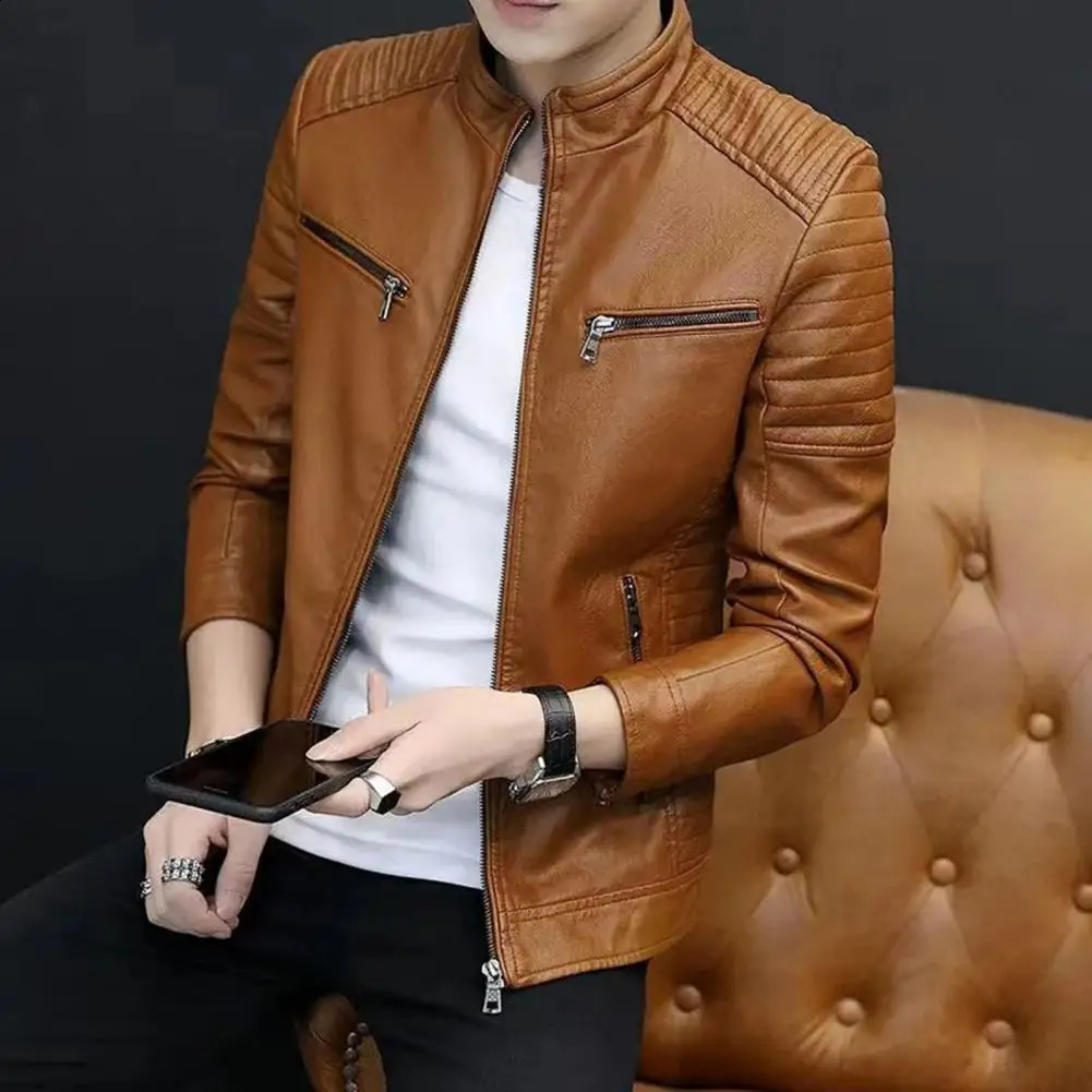 Men Faux Leather Jacket Fleece Lining Mens Fleecelined Stand Collar Stylish Pleated for Autumnwinter 250910