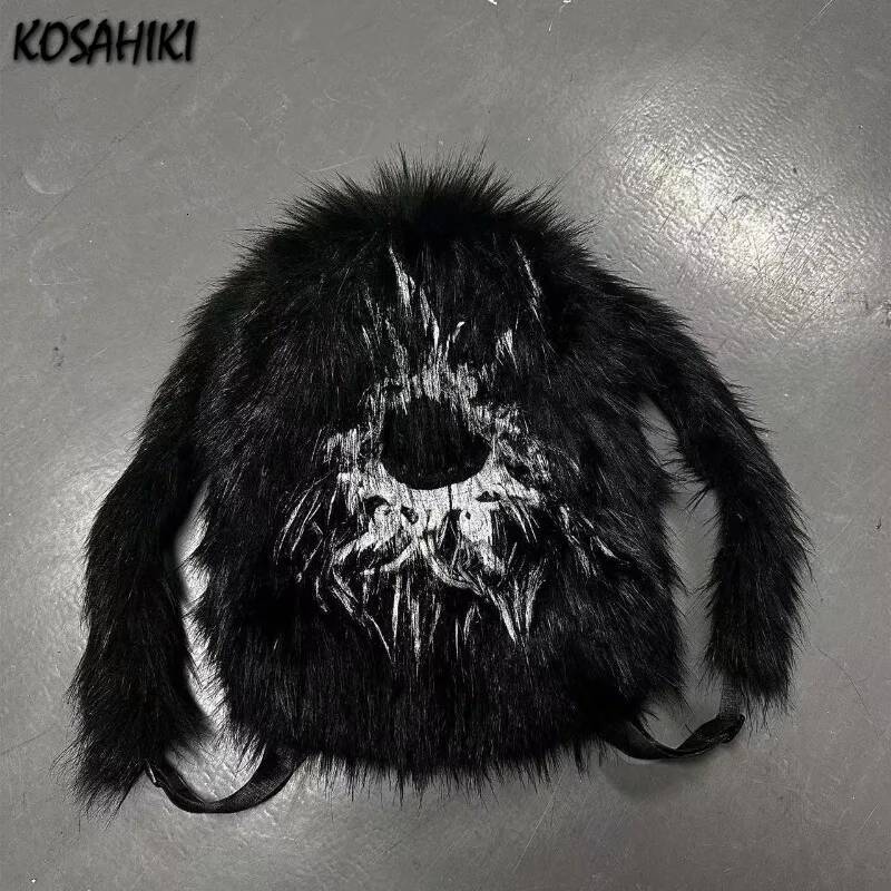 Vintage Print Fluffy Backpack Personality Y2k Aesthetic Fashion Schoolbags Women Casual Haruku Streetwear All Match Backpacks high-quality