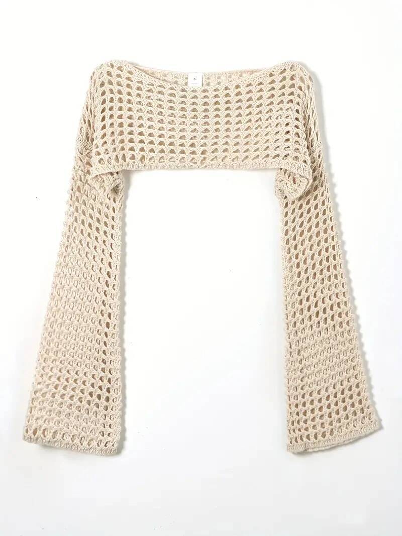 Crochet Knit Hollow Out Crop Top Long Sleeve Shrug Sweater Mesh Cover Ups Cardigan Streetwear Pullover Women Clothes Y2k dongdumaoyi