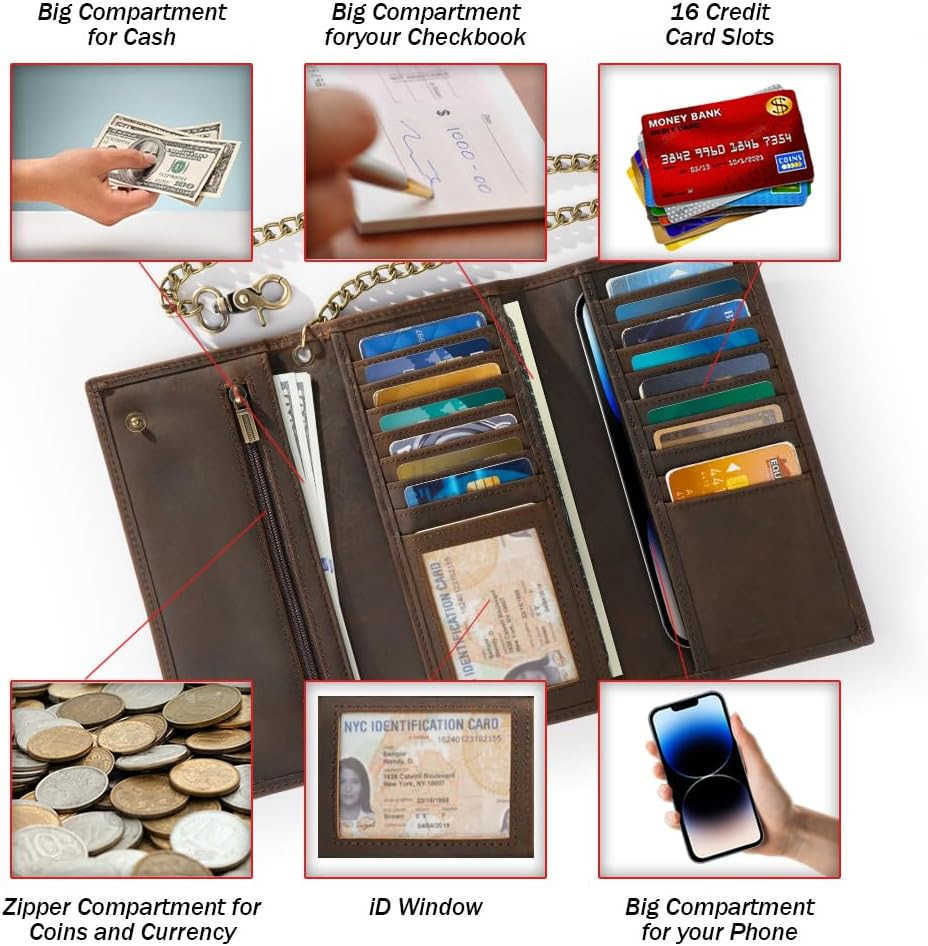 Mens Chain Wallet Biker Trucker Wallets with Long Strong Chains Genuine Leather Trifold Billfold Snap BrownZ250910