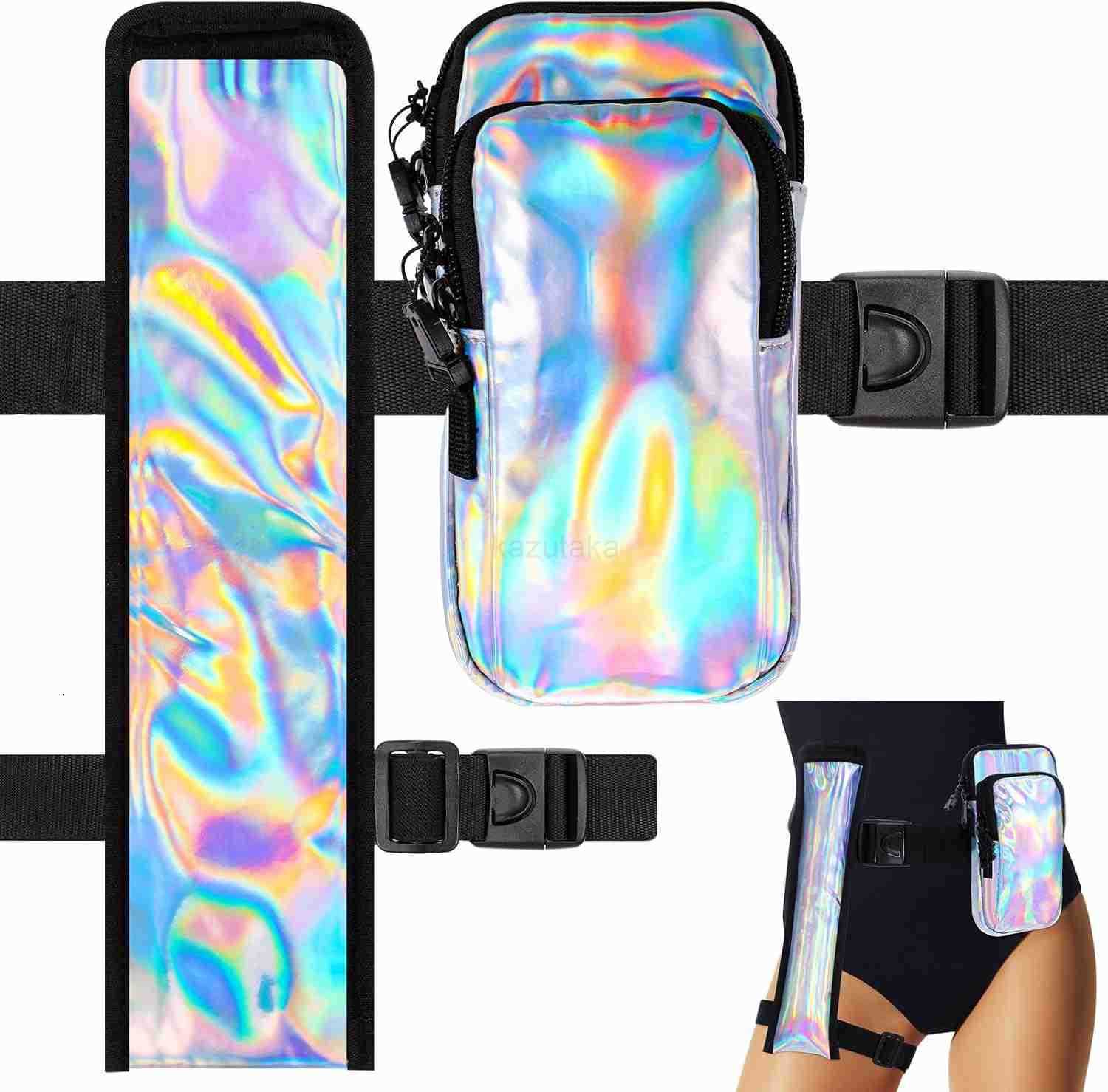 Bag with Cell Phone Pocket Fan Case Bag with Arm Leg Band Buckled Zippers and Hidden Zipper Pocket for Music Raves and Circuit PartyLaser Silver Z2509