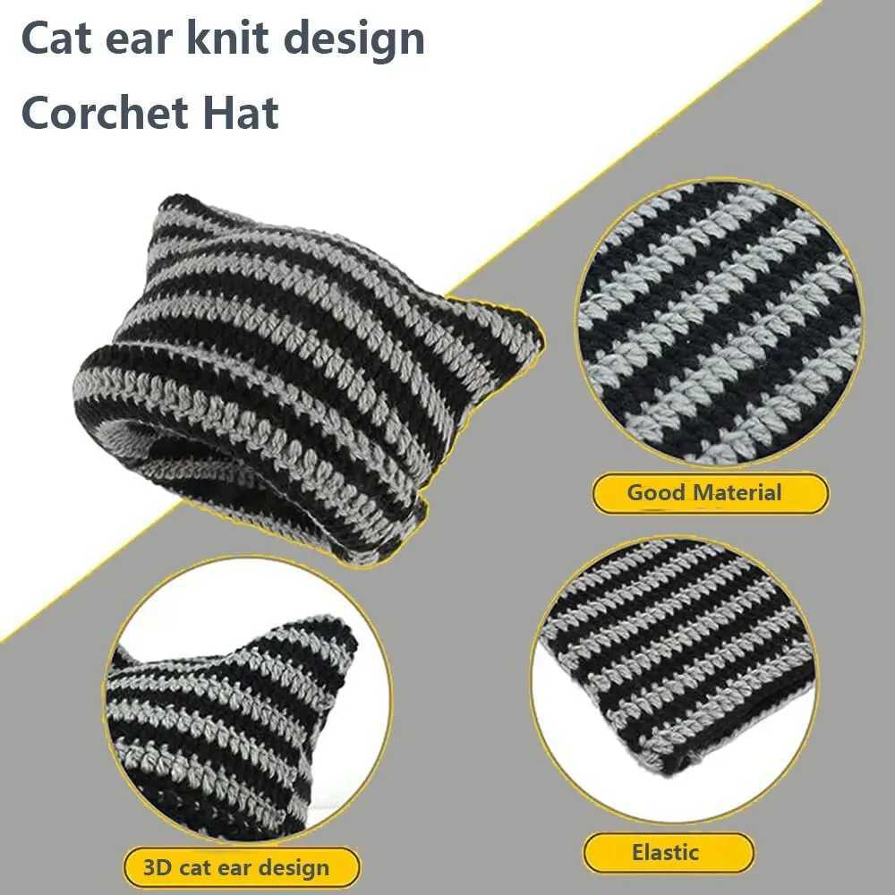 Crochet Hats for Women Men Cat Ear Bonnet Girl Knitted Lazy Style Punk Y2k Cute Slouchy Beanies Loose Fit Handmade Skullies BoysXJ250910