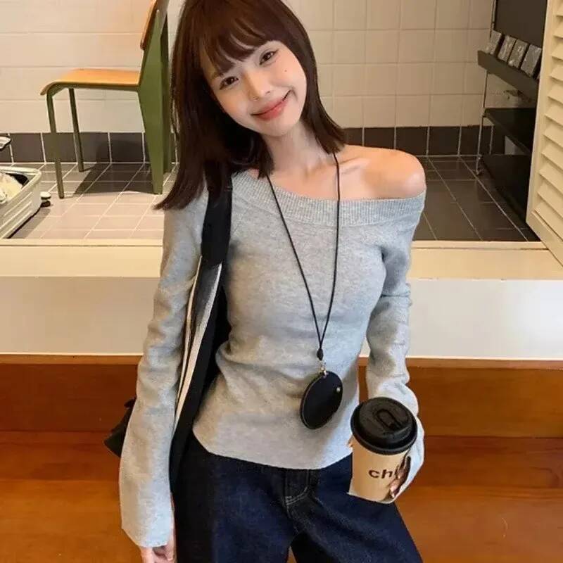 Sexy Pullovers Women Off Shoulder Cropped Knitted Basic Clothes Autumn All-match Side Slit Simple Tender Slim Gentle Seductive dongdumaoyi