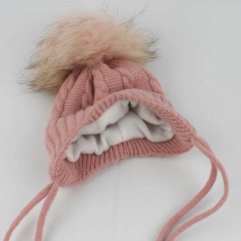 Real Fur Pompom Baby Hat Kids Winter Earfl C Fleece Inside Warm Knitted Skullies Beanies For Girls BoysXJ250910
