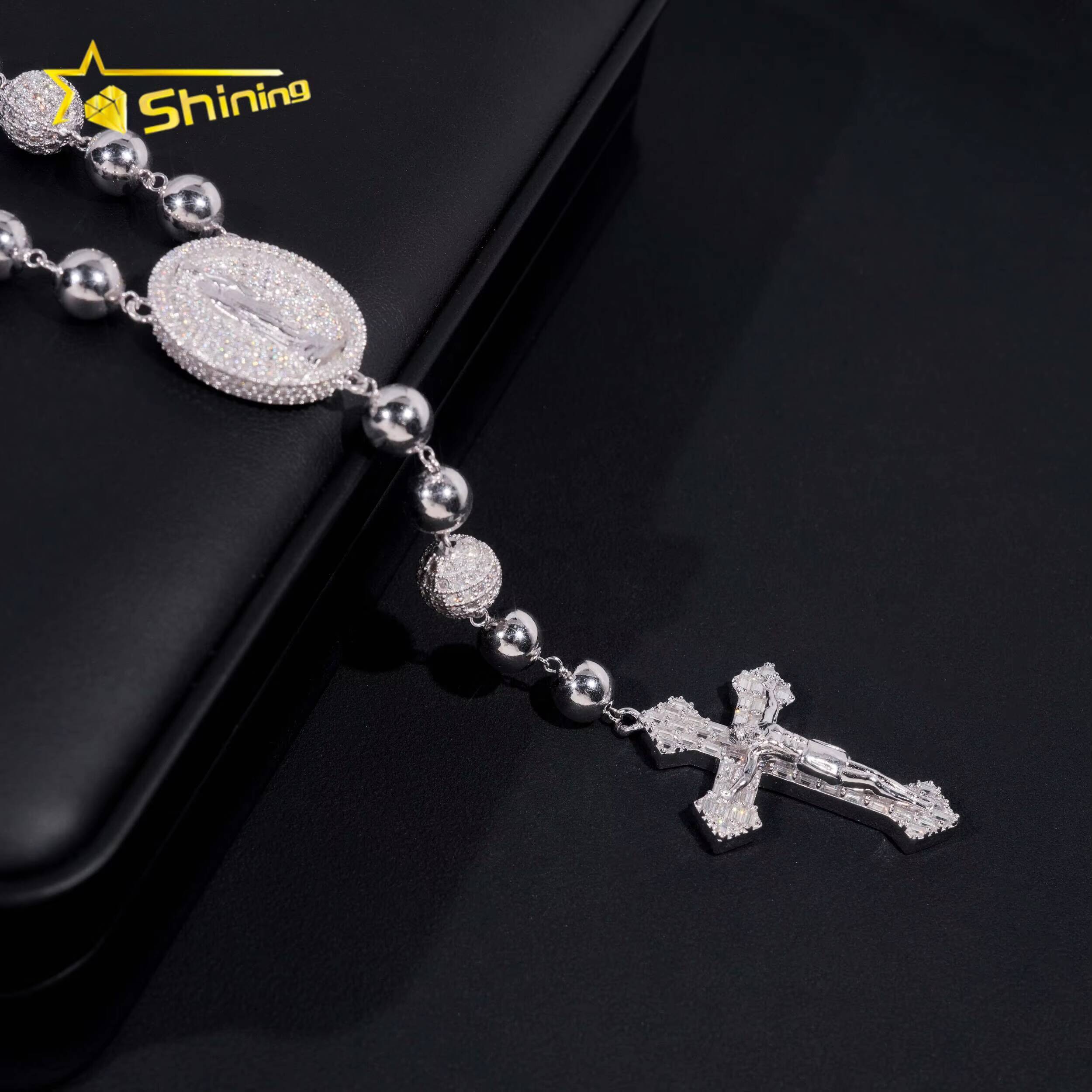 Pass Diamond Tester Hip Hop Iced Out Allah Moissanite Ball Chain 10mm Beads Necklace with Cross Pendant