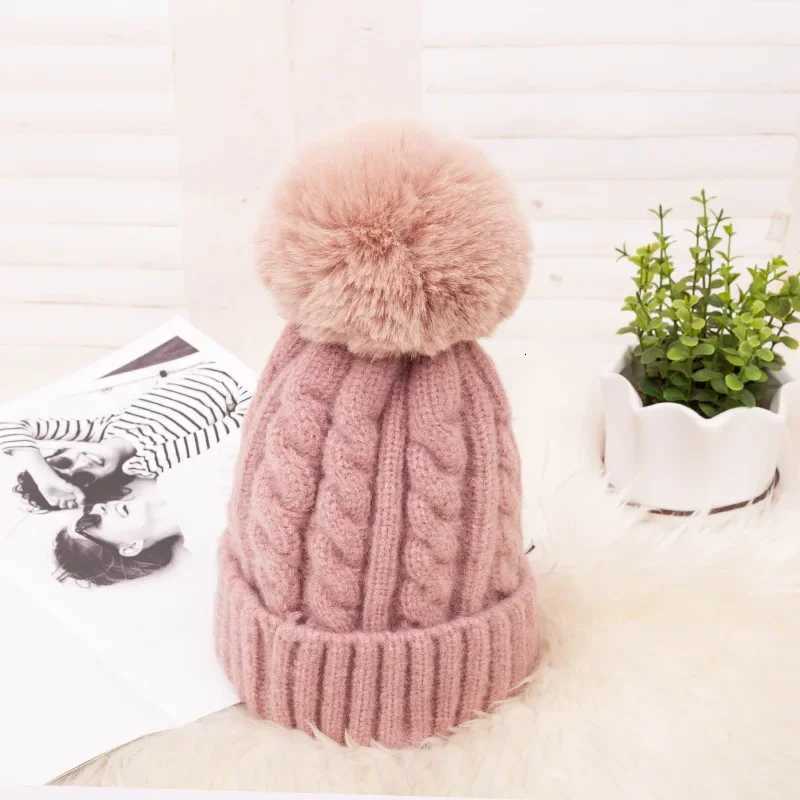 Fashion Warm Knitted Womens Hat Striped Winter Hats For Women Pink Fur Pompom Wool Beanies Thick Skullies C faux Pom pom HatXJ250910