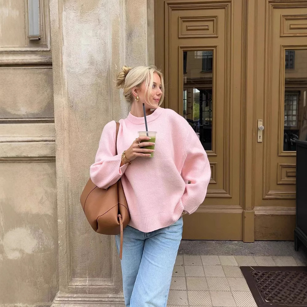 2025 new round neck pink design long sleeved knitted sweater for women's designer casual pullover