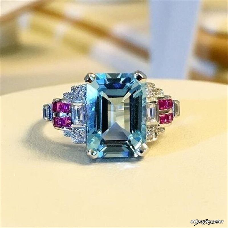 Size 6-10 Top Sell Jewelry Sterling Sier Aquamarine CZ Dia Gemstones Ruby Party Women Wedding Engagement Band Ring Gift