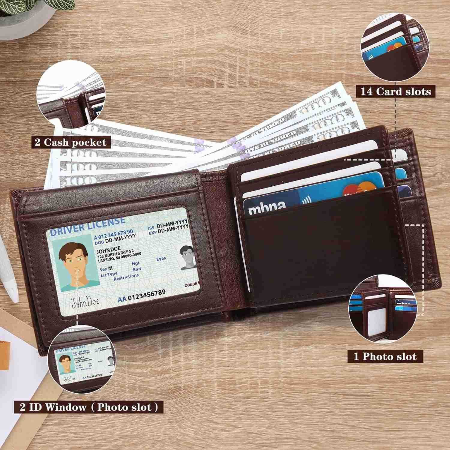 Mens Bifold Leather Wallet with 23 IDphoto windows and 14 Card Slots Large Capacity RFID Blocking Wallet for MenDark brown Z250910