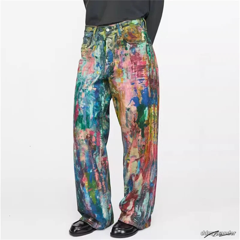 Womens Jeans 2025 Spring Painted Graffiti Pants Couple Style Loose Straight Leg Pure Cotton Wide 250107