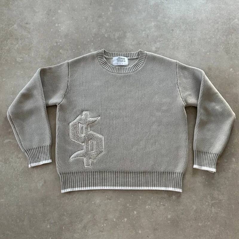 Y2K Grey Long Sleeve Sweater Dollar Gothic Embroidery Pullover Goth Retro Casual Streetwear Old Money Men Boxy Knitted Clothing dongdumaoyi