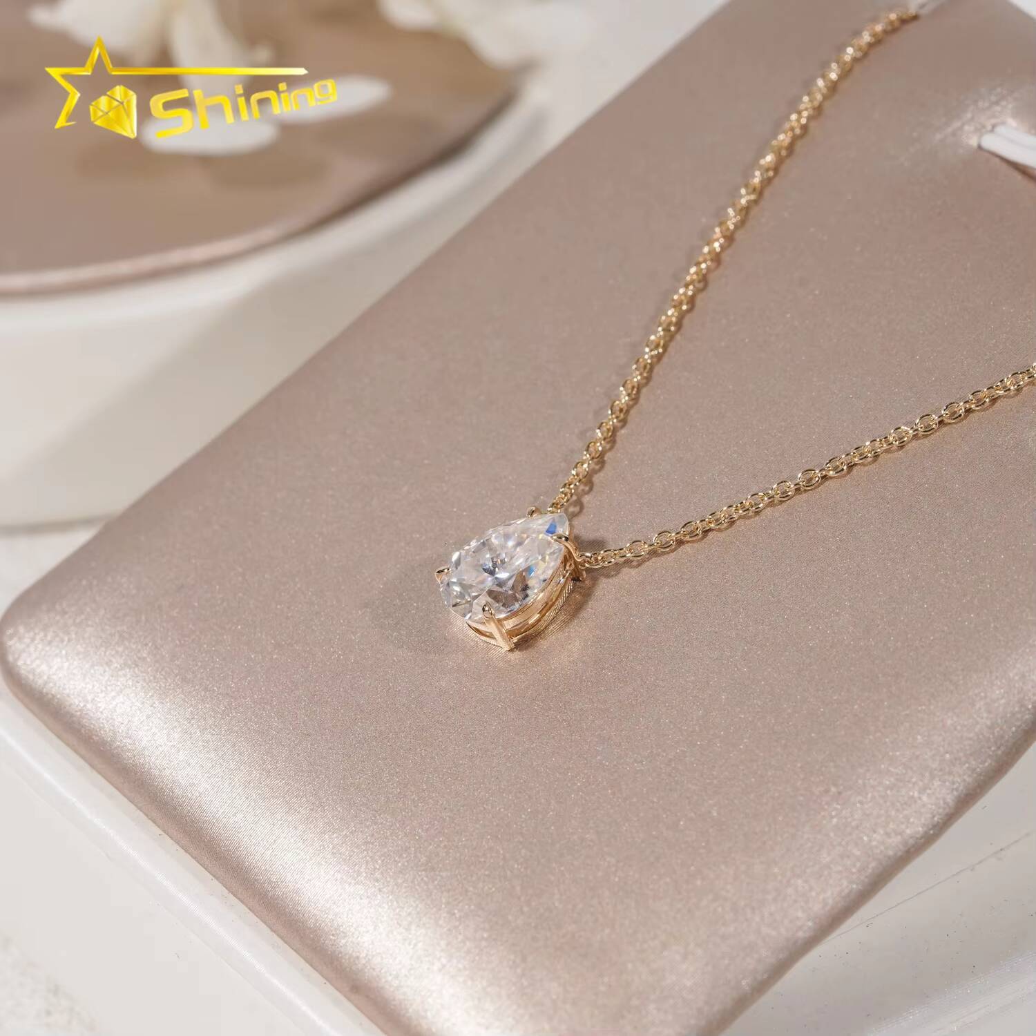 Women Classic 1Moissanite Diamond Necklace 18 Yellow Gold IGI Report Lab Grown Diamond Pear Diamond Necklace