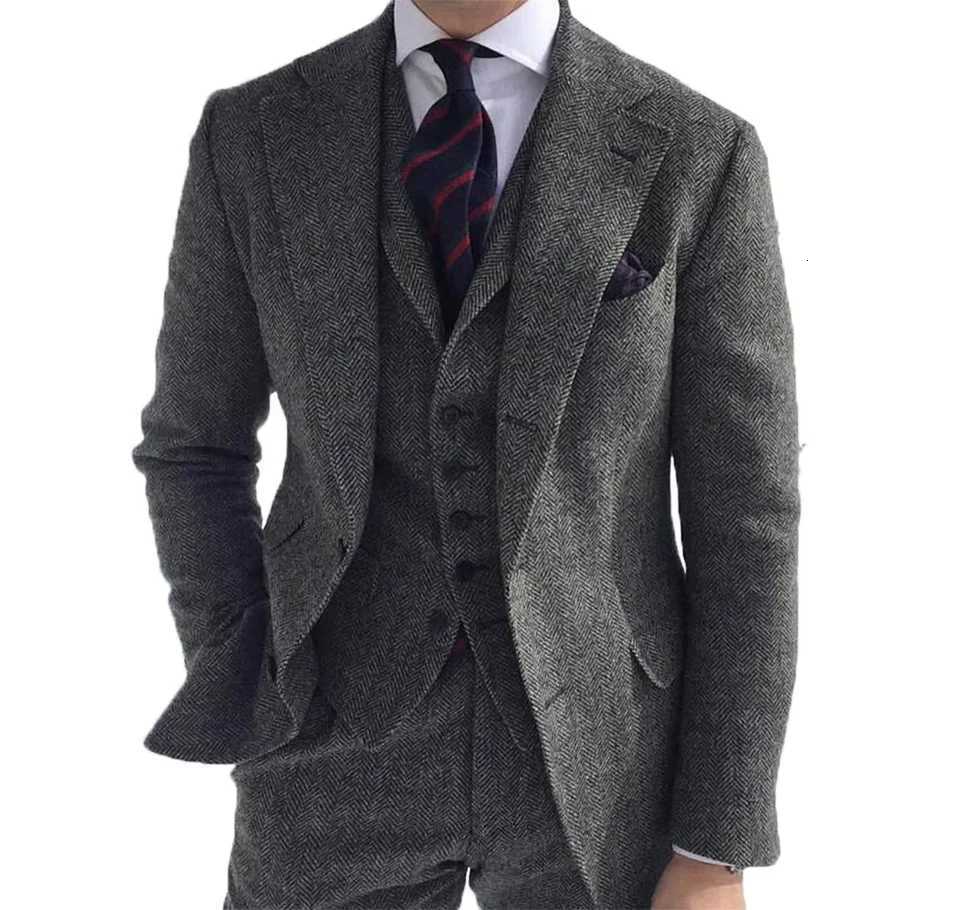 High Quality Mens Suit Set Fashion Wool Tweed Herringbone 3 Pieces Jacket Pants Vest Slim Fit Formal Wedding Grooms Coats New W250910
