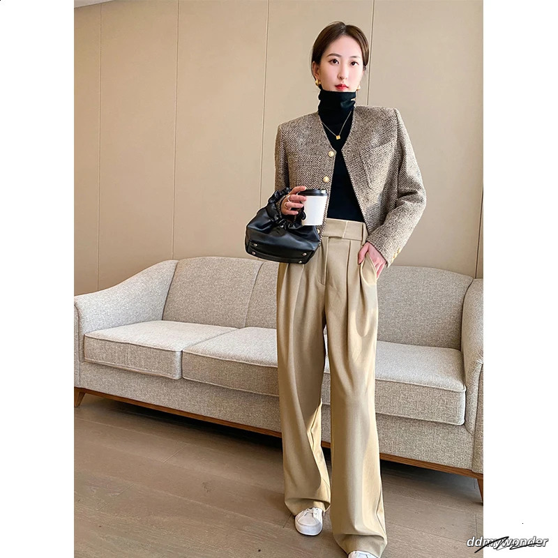 Vintage Cropped Tweed Jacket Women Elegant Short Blazer Autumn Korean Single-Breasted All Match Casual Chic Outerwear Tops 240821