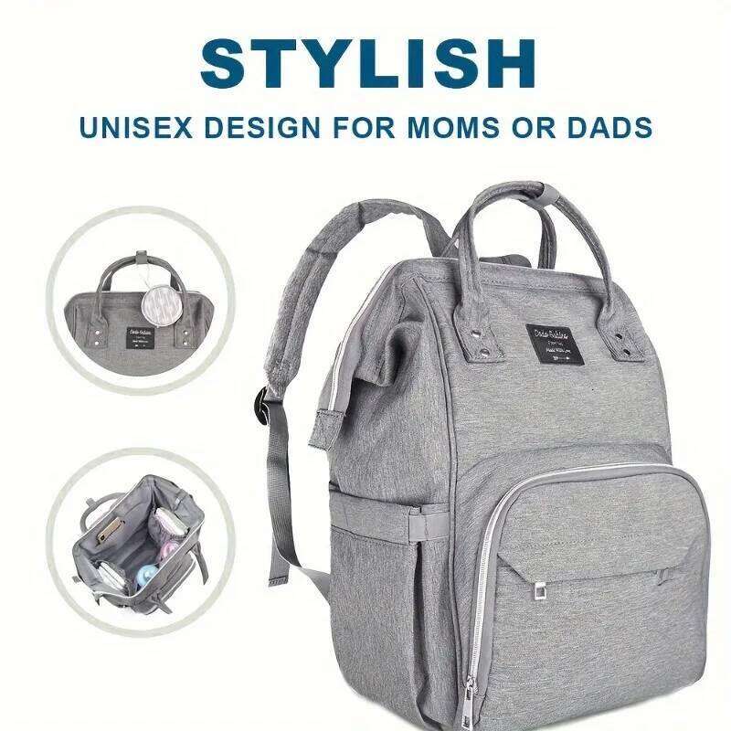Waterproof Large Mummy Bag Portable Travel Diaper Backpack Gray Polyester Multiple Compartments for Essentials Changing Station