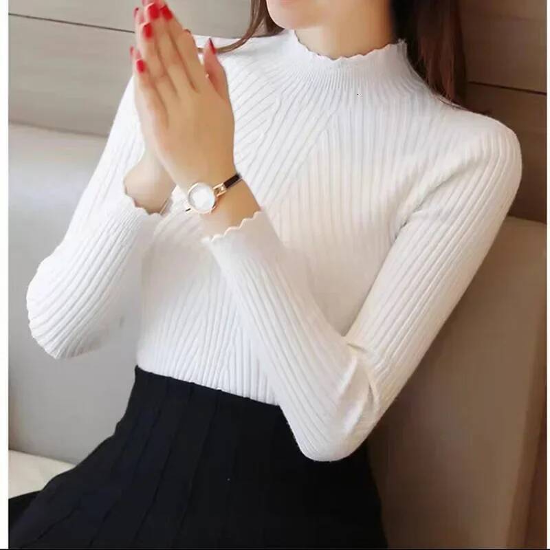 Mock Neck Ruffles Long Sleeve Knitted Bottoming Solid Pullovers Women Casual Stripe Sweater Autumn Winter 2023 dongdumaoyi