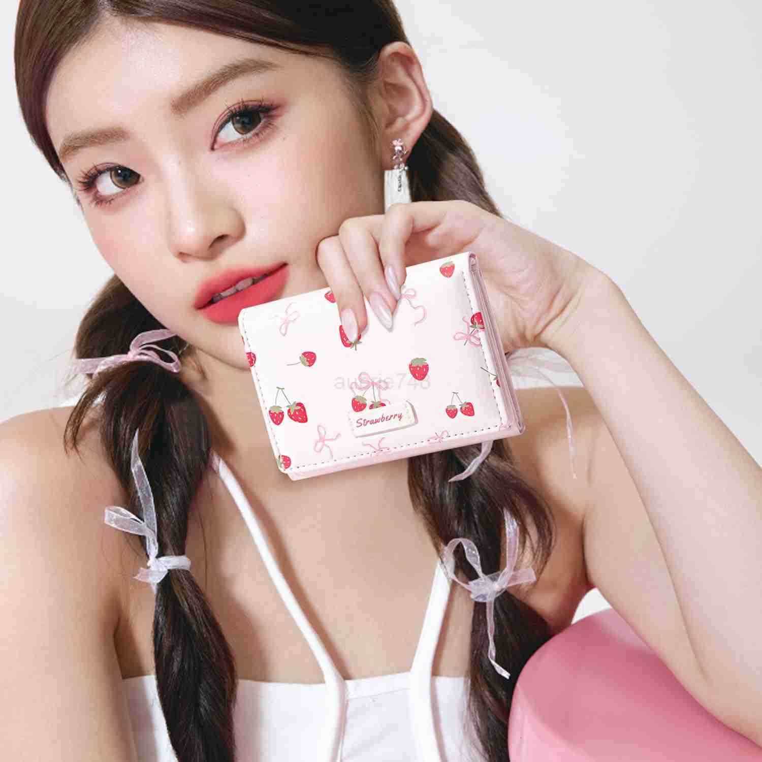 Small Cute Wallet with Strawberry Coquette Bow Print ID CARD Holder for Women Girls PINKZ250910