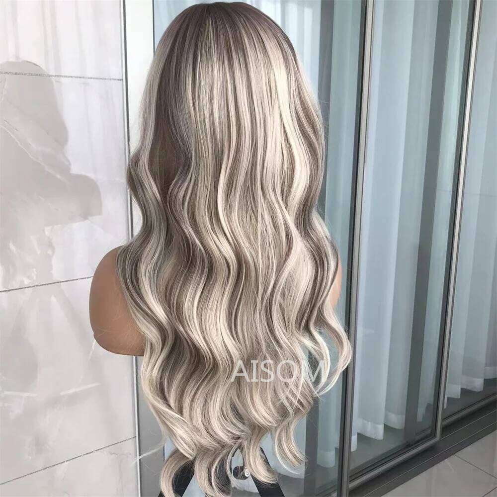 Body Wave Front Highlight Ash Blonde Frontal Wigs Pre Plucked Long Wavy Synthetic Lace Wig for Women