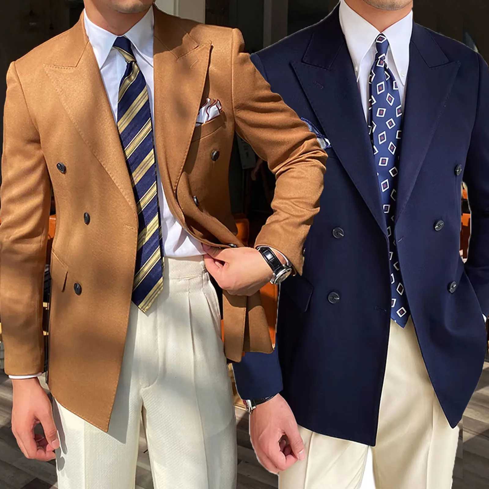 High Quality Brown Mens Suits Double Breasted Bespoke Double Breasted Peaked Lapel Formal Blazer Slim Fit Jacket Piece W250910