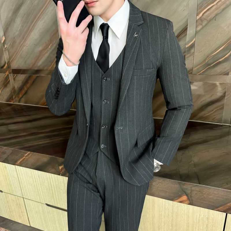 2025 HighQuality Wedding Suit ThreePiece Set Striped Business Casual Fashion Vest Trousers Ensemble Handsome Boutique Trend W250910