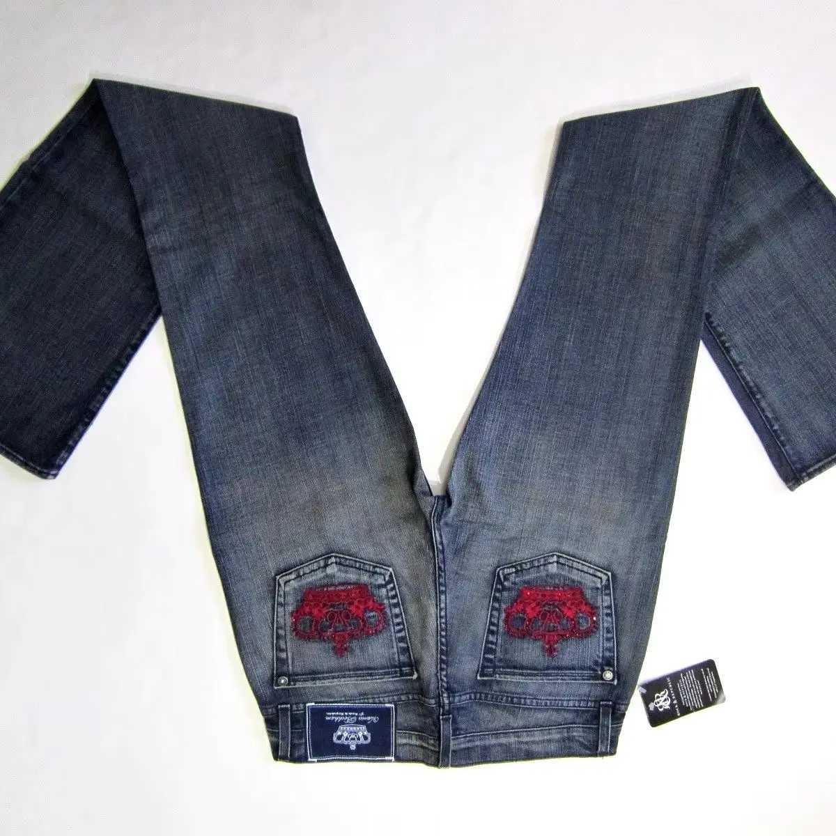 American Retro Rock Red Crown Embroidered Washed Blue Jeans Womens Y2K Harajuku Hip Hop Gothic Fashion Wide Pants Street Wear Z250910