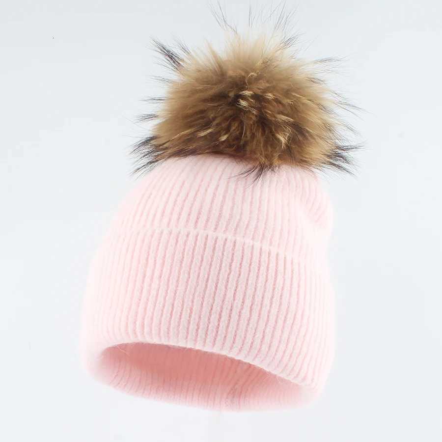 New Angora Rabbit Fur Knitted Beanie Hat Women Winter Real Raccoon Fur Pom Hats Warm Soild Color Ear Protection Warm CXJ250910