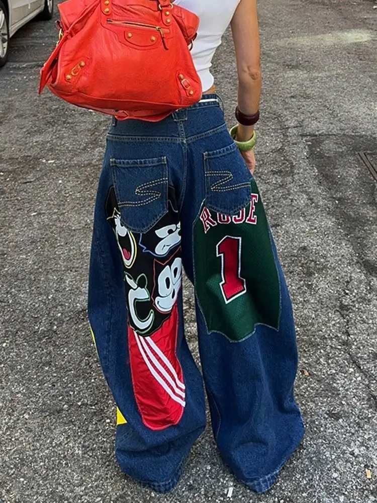 Goth Patch Print Baggy Jeans Womens Clothing Street Harajuku Vintage High Waisted Jeans Wideleg Blue Jeans for Women Pants Z250910