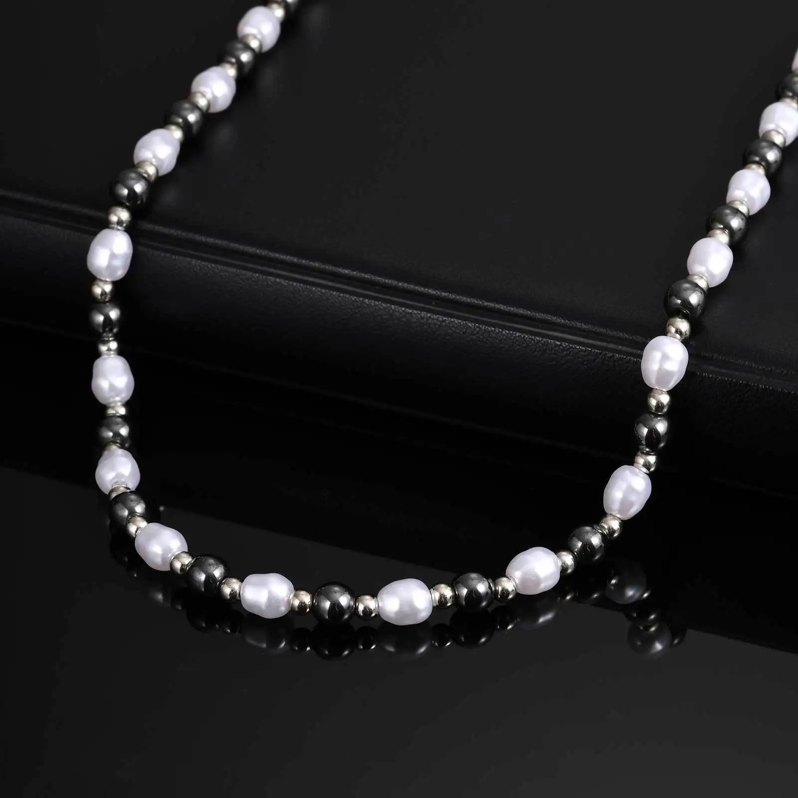 Pearl Bead Necklace for Men BoysNatural Hematite Beaded CollarsHip Hop Simple Jewelry Gifts250909