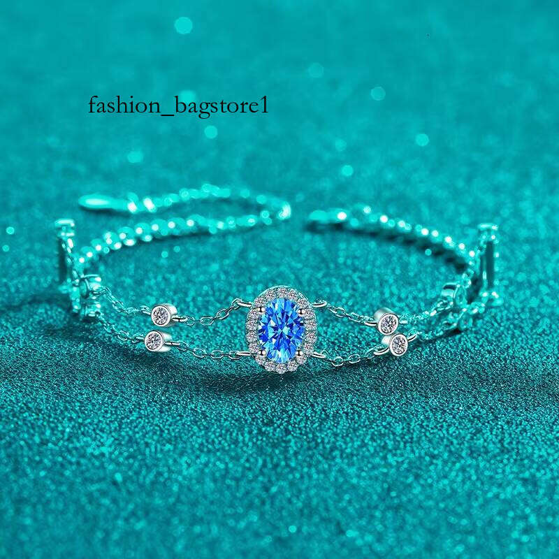 Sterling Sier Moissanite Double Chain Bracelet Trendy Blue Oval Design for Weddings and Parties