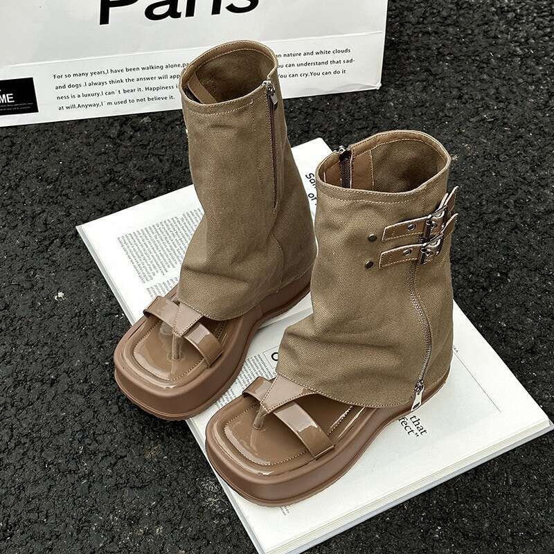 Trendy Designer Niche Pants Boot Toe Clip Sandals for Women Summer Denim Short Thick Sole Low Tube Single Boots