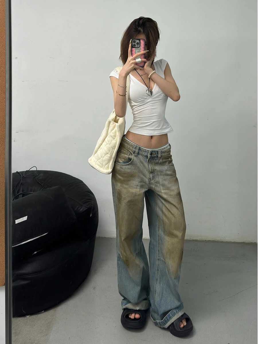 ReddaChic Vintage Wash Dirty Baggy Jeans Women Do Old Whiskers Unisex Casual High Waist Loose Wide Leg Pants Hip Hop Streetwear Z250910